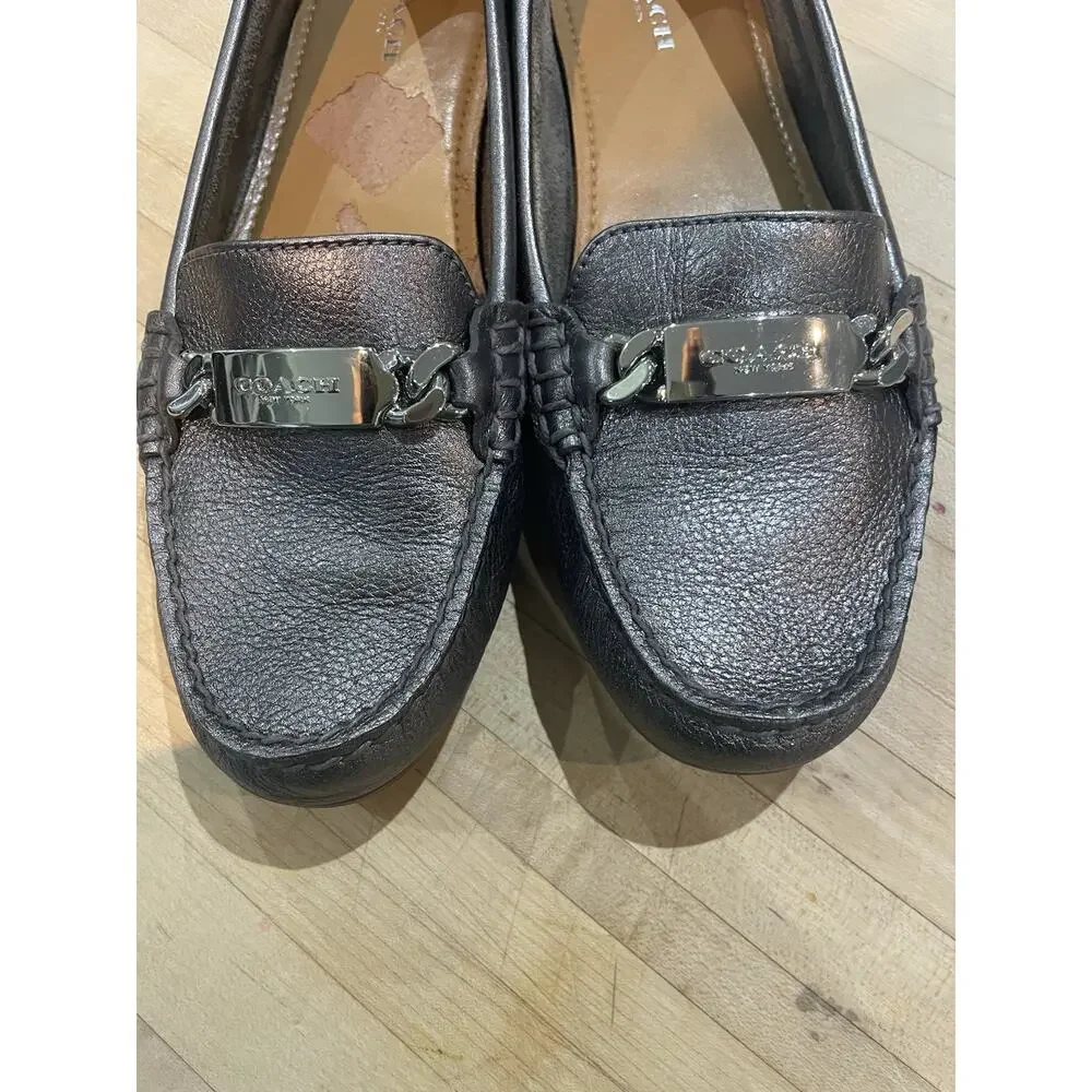 Coach “Olive” Leather Driving Loafers 7.5 Pewter Pebbled Leather Slip On Flats
